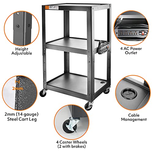 3 Shelf Metal Utility cart - Steel Construction Mobile Presentation Cart Projection Cart with Power Strip - Durable Utility Cart AV Carts on Wheels - Supports Up to 300 LBs (24'' x 18'' x 41'')