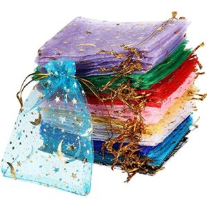 150 pieces moon stars drawstring organza jewelry gift bags gold favor pouches for christmas wedding party 3.9 x 4.7 inch (assorted colors)