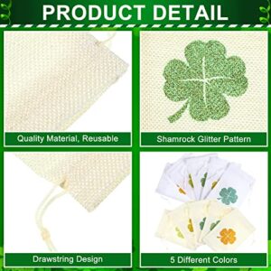 Woanger 30 Pcs St. Patricks Day Burlap Gift Bags with Drawstring St. Patricks Day Lucky Shamrock Linen Goody Gift Bags Glitter Jute Coin Treat Candy Bags for St. Patrick's Day Party Supplies