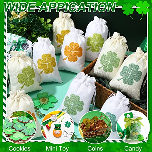Woanger 30 Pcs St. Patricks Day Burlap Gift Bags with Drawstring St. Patricks Day Lucky Shamrock Linen Goody Gift Bags Glitter Jute Coin Treat Candy Bags for St. Patrick's Day Party Supplies