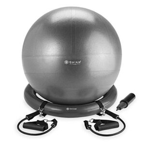 gaiam balance ball, base & resistance band kit, 65cm yoga ball chair, exercise ball with inflatable ring base for home or office desk, includes air pump, grey