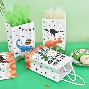 WERNNSAI Watercolor Dinosaur Party Bags - 16 Pack Dinosaur Party Favor Bags for Boys Kids Dino Theme Party Supplies Candy Treat Goodies Gift Bags with Handle