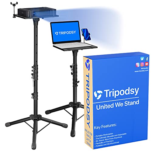 TRIPODSY Projector Tripod Stand with Adjustable Height 24-64 Inches, Standing Laptop Floor Riser, Portable Multifunctional Space Saver Desk for DJ, Outdoor Mobile Workstation for Studio, Home, Office