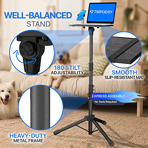 TRIPODSY Projector Tripod Stand with Adjustable Height 24-64 Inches, Standing Laptop Floor Riser, Portable Multifunctional Space Saver Desk for DJ, Outdoor Mobile Workstation for Studio, Home, Office