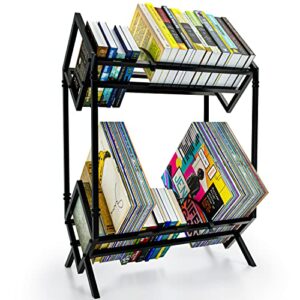 sayoneyes vinyl record storage – mate black vinyl record holder 160 to 200 lp capacity – durable metal two tier record holder for albums, books, magazine and office files