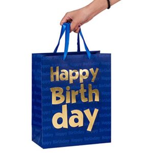 Loveinside Paper Gift Bags Gold Metallic Happy Birthday Printed Medium Gift Bags for Birthday - 10.2''x12.5''x4.7'', Navy Blue