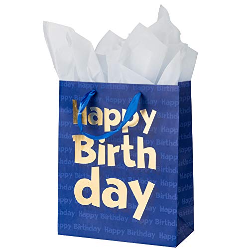 Loveinside Paper Gift Bags Gold Metallic Happy Birthday Printed Medium Gift Bags for Birthday - 10.2''x12.5''x4.7'', Navy Blue