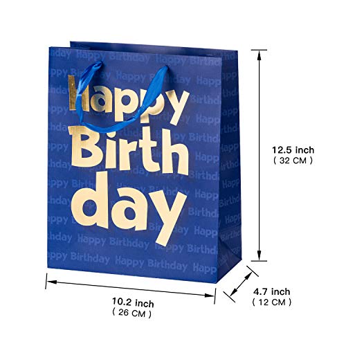 Loveinside Paper Gift Bags Gold Metallic Happy Birthday Printed Medium Gift Bags for Birthday - 10.2''x12.5''x4.7'', Navy Blue