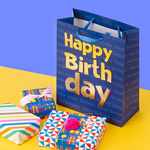 Loveinside Paper Gift Bags Gold Metallic Happy Birthday Printed Medium Gift Bags for Birthday - 10.2''x12.5''x4.7'', Navy Blue