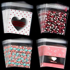 whaline 400 pieces valentine cellophane bags cookie treat bags, heart self-adhesive clear plastic candy bags party favor gifts goodies bags, 4 styles