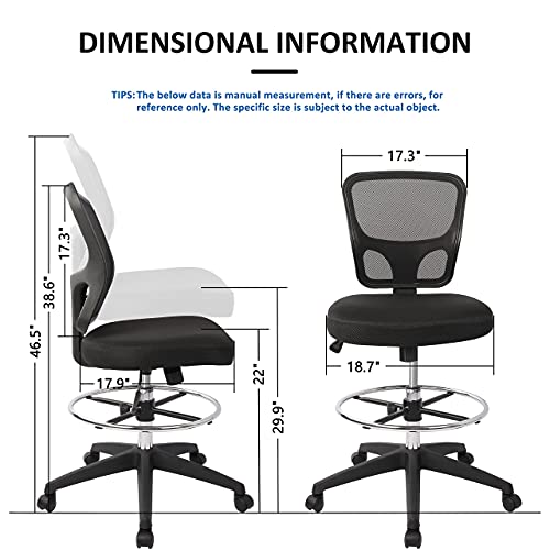 Mesh Drafting Chair Tall Office Chair Ergonomic Standing Desk Chair with Tilt Seat and Adjustable Foot Ring (Black)