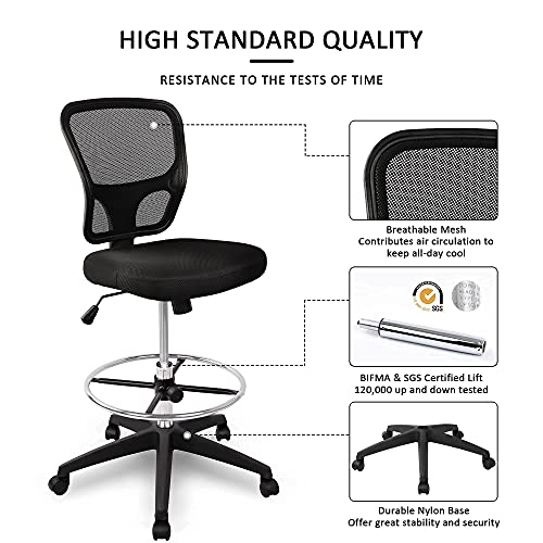 Mesh Drafting Chair Tall Office Chair Ergonomic Standing Desk Chair with Tilt Seat and Adjustable Foot Ring (Black)