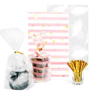 gusseted cellophane bags 100 pcs with 2 colors (size 5″x8″x1.5″）with twist ties, best gusset bag for presenting packaged treats, candy, popcorn, food safe material
