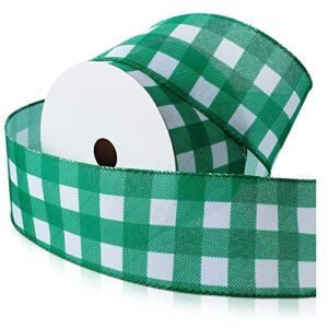 yaazi 15 yard st. patrick’s day wired edge ribbons buffalo plaid burlap ribbon for gift wrapping crafts tree decoration (green white,2.5 inch wide)