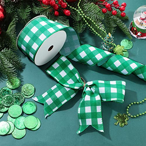 Yaazi 15 Yard St. Patrick's Day Wired Edge Ribbons Buffalo Plaid Burlap Ribbon for Gift Wrapping Crafts Tree Decoration (Green White,2.5 Inch Wide)