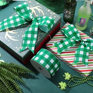 Yaazi 15 Yard St. Patrick's Day Wired Edge Ribbons Buffalo Plaid Burlap Ribbon for Gift Wrapping Crafts Tree Decoration (Green White,2.5 Inch Wide)