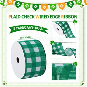 Yaazi 15 Yard St. Patrick's Day Wired Edge Ribbons Buffalo Plaid Burlap Ribbon for Gift Wrapping Crafts Tree Decoration (Green White,2.5 Inch Wide)