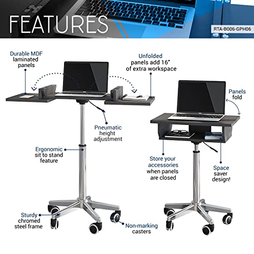 Techni Mobili RTA-B006-GPH06 Folding Cart with Storage, Laptop Stand with Height Adjustable, Non Marking Caster Wheels, Graphite