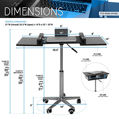 Techni Mobili RTA-B006-GPH06 Folding Cart with Storage, Laptop Stand with Height Adjustable, Non Marking Caster Wheels, Graphite