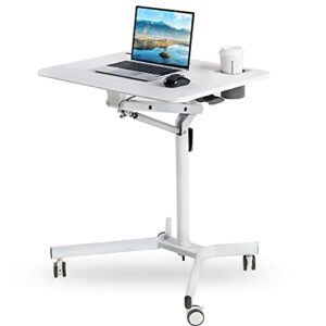 mobile sit stand desk – height adjustable standing laptop desk cart rolling couch table on wheels white workstation with gas spring riser for home office classroom