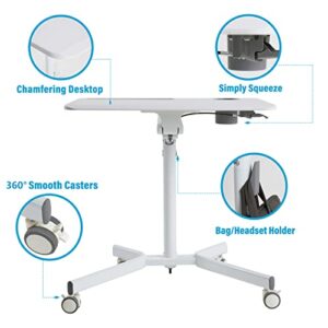 Mobile Sit Stand Desk - Height Adjustable Standing Laptop Desk Cart Rolling Couch Table on Wheels White Workstation with Gas Spring Riser for Home Office Classroom