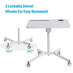 Mobile Sit Stand Desk - Height Adjustable Standing Laptop Desk Cart Rolling Couch Table on Wheels White Workstation with Gas Spring Riser for Home Office Classroom