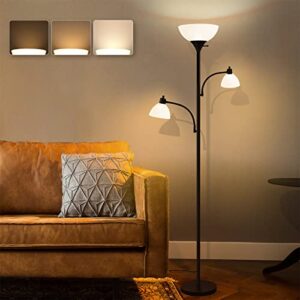 isloys floor lamp, torchiere bright floor lamp with 2 reading lamps for living room, led floor lamp with 3 levels dimmable brightness, industrial floor lamp for reading offices(3 bulbs included)