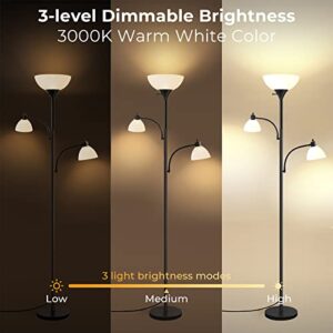 Isloys Floor Lamp, Torchiere Bright Floor Lamp with 2 Reading Lamps for Living Room, Led Floor Lamp with 3 Levels Dimmable Brightness, Industrial Floor Lamp for Reading Offices(3 Bulbs Included)