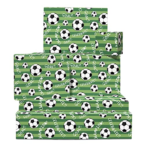 CENTRAL 23 Football Wrapping Paper - Boys Birthday Wrapping Paper - 6 Sheets Green Gift Wrap - Soccer - Sports - World Cup - Comes With Fun Stickers