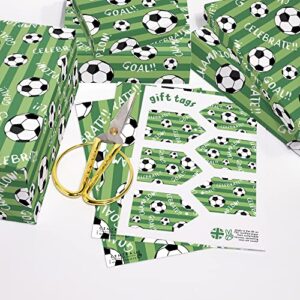 CENTRAL 23 Football Wrapping Paper - Boys Birthday Wrapping Paper - 6 Sheets Green Gift Wrap - Soccer - Sports - World Cup - Comes With Fun Stickers