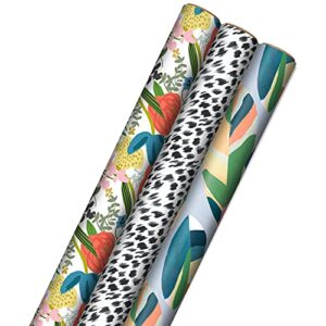 hallmark recycled wrapping paper with cutlines on reverse (3 rolls: 60 sq. ft. ttl) modern flowers, teal leaves, black and white abstract for birthdays, bridal showers, easter, mother’s day