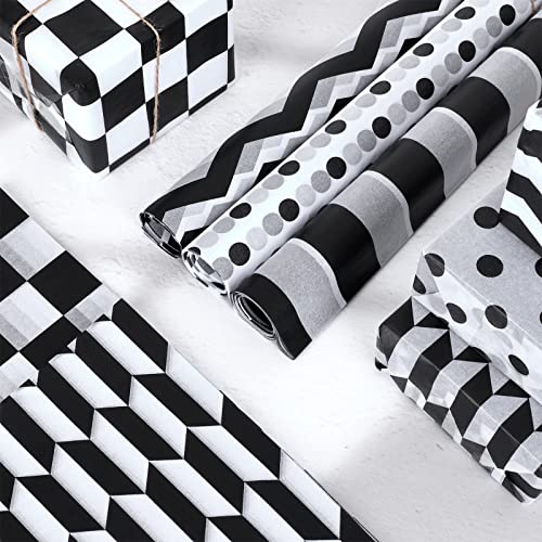 Kavoc 100 Sheet Black White Plaid Tissue Paper Star Stripes Dots Pattern Tissue Paper Checkerboard Art Tissue 5 Styles Simple Gift Wrapping Paper Bulk for DIY Crafts Gift Bag Supplies, 14 x 20