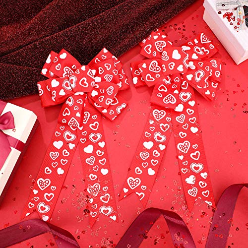 6 Pieces Valentine's Day Bows Decoration 5.9 x 11.8 Inches Red and White Heart Printed Bow for Valentine's Day Crafts DIY Bow Decoration