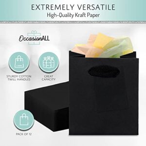 Black Gift Bags - 4x2.75x4.5 Inch 12 Pack Extra Small Black Paper Gift Bags with Handles, Designer Gift Wrap for Little Presents, Tiny Shopping Bags for Birthday Parties, Events, Holidays, Bulk