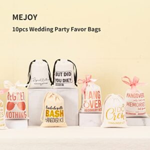 MEJOY 10pcs Wedding Party Favor Bags,Rose Gold Foil Gift Bags,HANGOVER Bags, Hangover Kit Bags for Bridal Shower Bachelorette Recovery Kit Bags Cotton Muslin Drawstring Bag (ROSE RING, 5"x7")