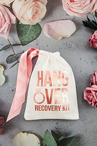 MEJOY 10pcs Wedding Party Favor Bags,Rose Gold Foil Gift Bags,HANGOVER Bags, Hangover Kit Bags for Bridal Shower Bachelorette Recovery Kit Bags Cotton Muslin Drawstring Bag (ROSE RING, 5"x7")