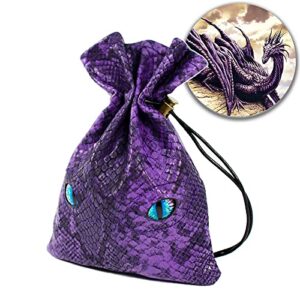 dnd dice bag can cover 6 dice sets, glow in the dark eyes d and d dice storage pouch, purple dragon leather coins bag for fantasy dragons and dungeons games accessories, drawstring dice pouch