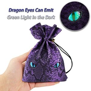 DND Dice Bag Can Cover 6 Dice Sets, Glow in The Dark Eyes D and D Dice Storage Pouch, Purple Dragon Leather Coins Bag for Fantasy Dragons and Dungeons Games Accessories, Drawstring Dice Pouch