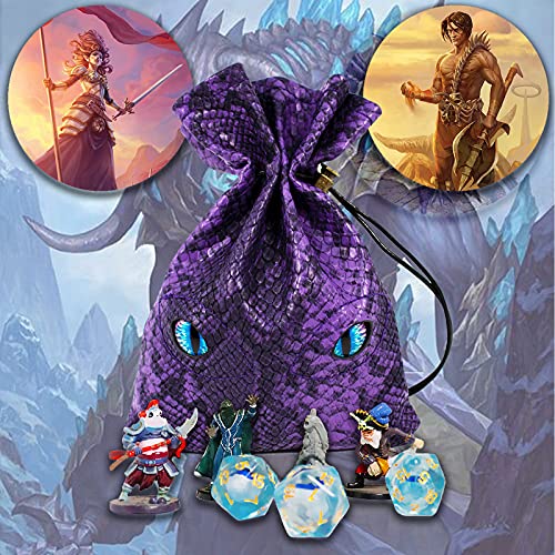 DND Dice Bag Can Cover 6 Dice Sets, Glow in The Dark Eyes D and D Dice Storage Pouch, Purple Dragon Leather Coins Bag for Fantasy Dragons and Dungeons Games Accessories, Drawstring Dice Pouch