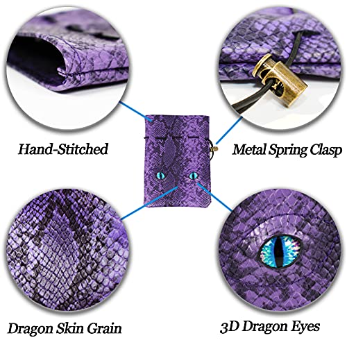 DND Dice Bag Can Cover 6 Dice Sets, Glow in The Dark Eyes D and D Dice Storage Pouch, Purple Dragon Leather Coins Bag for Fantasy Dragons and Dungeons Games Accessories, Drawstring Dice Pouch