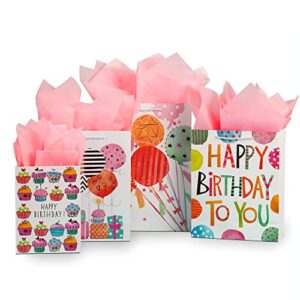 shipkey 4 pack birthday gift bags assortment with pink tissue paper | colorful gift bags (3 sizes) for newborns/kids/men/women