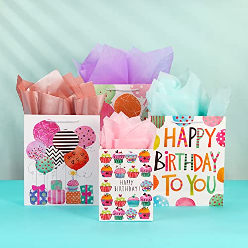 SHIPKEY 4 Pack Birthday Gift Bags Assortment with Pink Tissue Paper | Colorful Gift bags (3 Sizes) for Newborns/Kids/Men/Women
