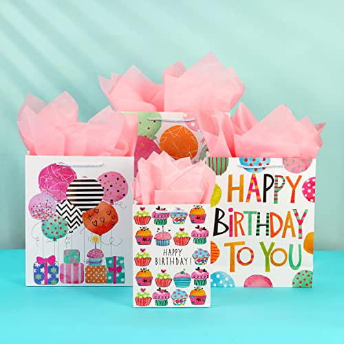 SHIPKEY 4 Pack Birthday Gift Bags Assortment with Pink Tissue Paper | Colorful Gift bags (3 Sizes) for Newborns/Kids/Men/Women