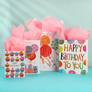 SHIPKEY 4 Pack Birthday Gift Bags Assortment with Pink Tissue Paper | Colorful Gift bags (3 Sizes) for Newborns/Kids/Men/Women