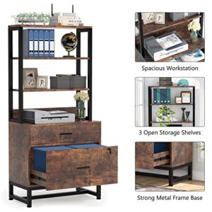 Tribesigns 2 Drawer Lateral File Cabinet with Lock, Letter Size Large Modern Filing Cabinet Printer Stand with Open Storage Shelves for Home Office, Dark Brown