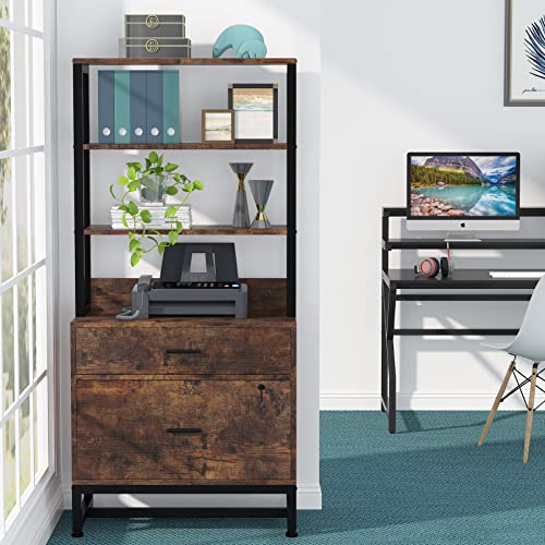 Tribesigns 2 Drawer Lateral File Cabinet with Lock, Letter Size Large Modern Filing Cabinet Printer Stand with Open Storage Shelves for Home Office, Dark Brown