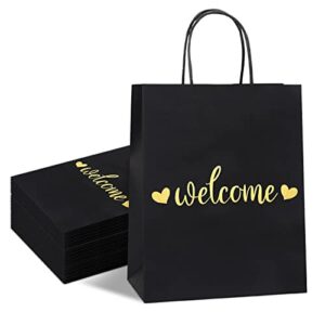 QIELSER Welcome Gift Bags Bulk 50 Pcs Medium, Gold Foil Welcome Black Paper Wedding Bags with Handles for Retail Shopping, Wedding, Baby Shower Holiday, Party Supplies, Size 8x4.75x10 Inches