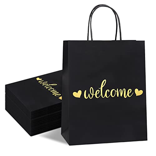 QIELSER Welcome Gift Bags Bulk 50 Pcs Medium, Gold Foil Welcome Black Paper Wedding Bags with Handles for Retail Shopping, Wedding, Baby Shower Holiday, Party Supplies, Size 8x4.75x10 Inches