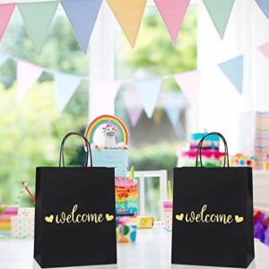 QIELSER Welcome Gift Bags Bulk 50 Pcs Medium, Gold Foil Welcome Black Paper Wedding Bags with Handles for Retail Shopping, Wedding, Baby Shower Holiday, Party Supplies, Size 8x4.75x10 Inches