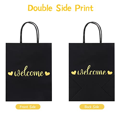 QIELSER Welcome Gift Bags Bulk 50 Pcs Medium, Gold Foil Welcome Black Paper Wedding Bags with Handles for Retail Shopping, Wedding, Baby Shower Holiday, Party Supplies, Size 8x4.75x10 Inches